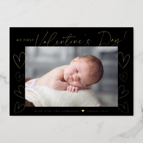 My First Valentines Day Script Black Photo Foil Holiday Card