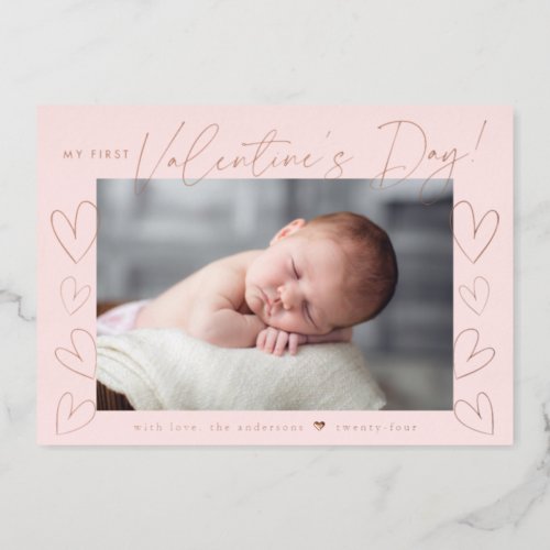 My First Valentines Day Script Blush Pink Photo Foil Holiday Card
