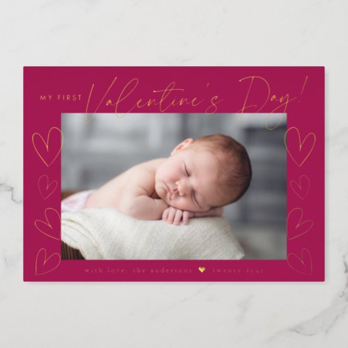 My First Valentines Day Script Fuchsia Photo Foil Holiday Card