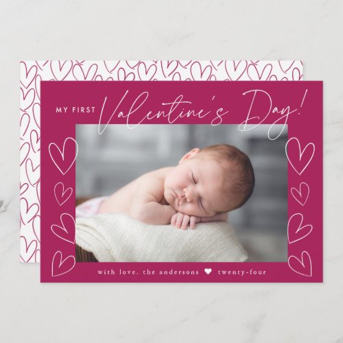 My First Valentines Day Script Fuchsia Photo Holiday Card