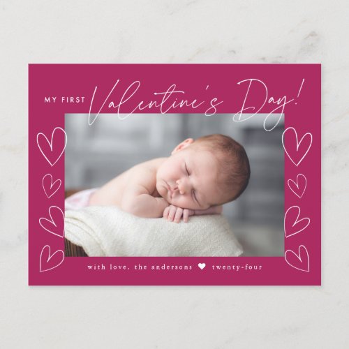 My First Valentines Day Script Fuchsia Photo Holiday Postcard