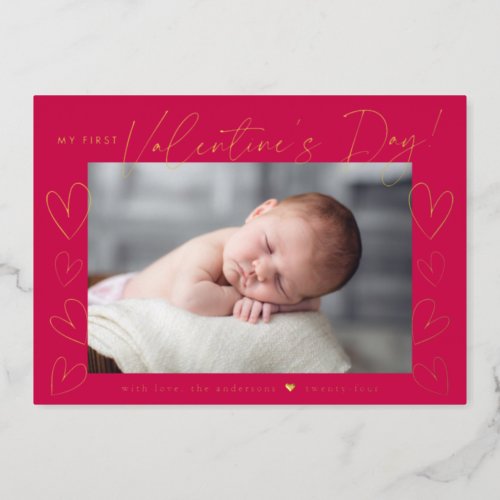 My First Valentines Day Script Magenta Photo Foil Holiday Card