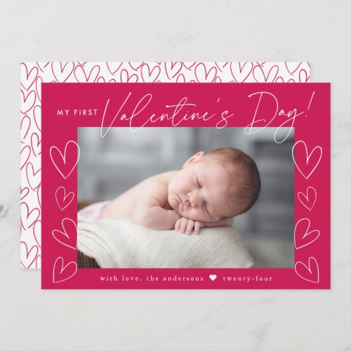 My First Valentines Day Script Magenta Photo Holiday Card