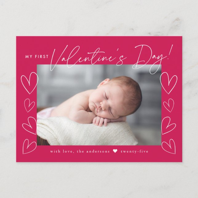 My First Valentine's Day Script Magenta Photo Holiday Postcard (Front)