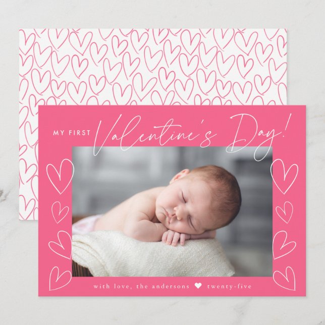 My First Valentine's Day Script Pink Photo Holiday Card (Front/Back)