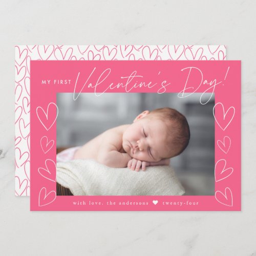 My First Valentines Day Script Pink Photo Holiday Card