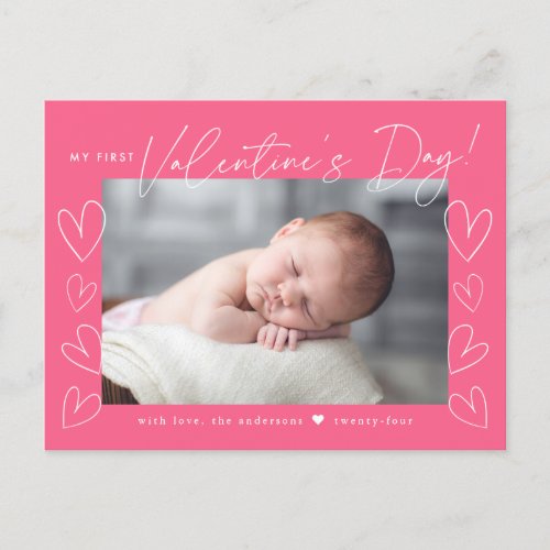 My First Valentines Day Script Pink Photo Holiday Postcard