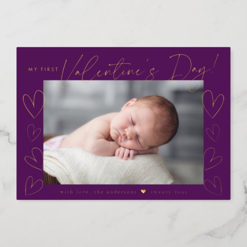 My First Valentines Day Script Purple Photo Foil Holiday Card