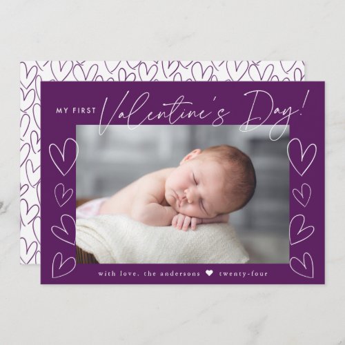 My First Valentines Day Script Purple Photo Holiday Card