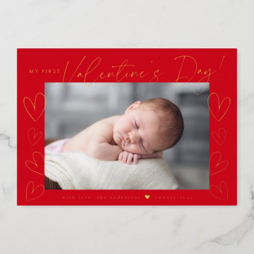 My First Valentines Day Script Red Photo Foil Holiday Card