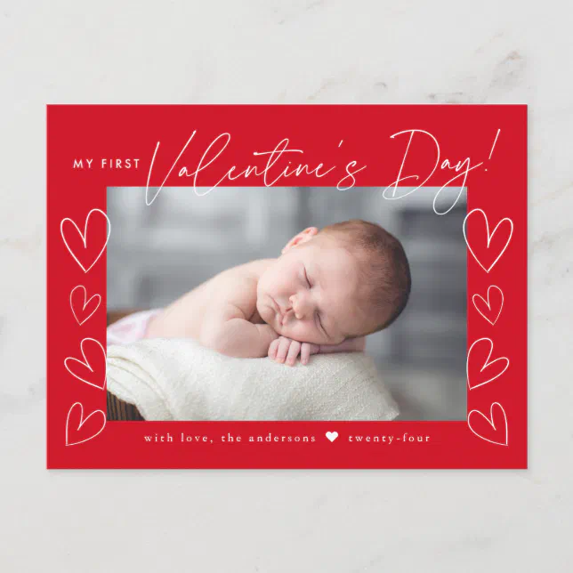 My First Valentine's Day Script Red Photo Holiday Postcard Zazzle