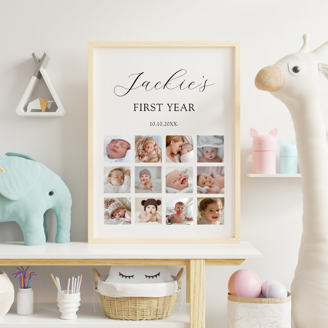 My First Year 1st Birthday 12 Photo Collage Sign (My First Year Sign with 12 Photos for 1st Birthday | Minimalist Modern)