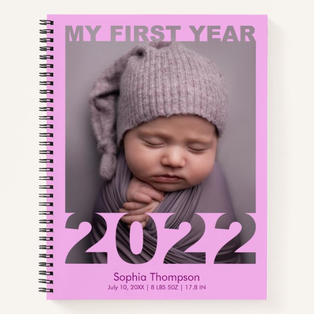 My First Year 2022 Modern Cutout Baby Photo Pink Notebook (Front)