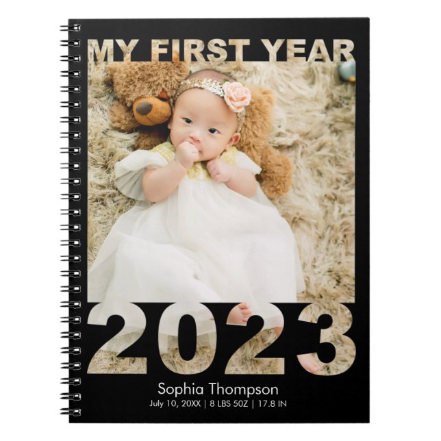 My First Year 2023 Modern Cutout Baby Photo Black Notebook (Front)