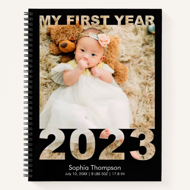 My First Year 2023 Modern Cutout Baby Photo Black Notebook (Front)