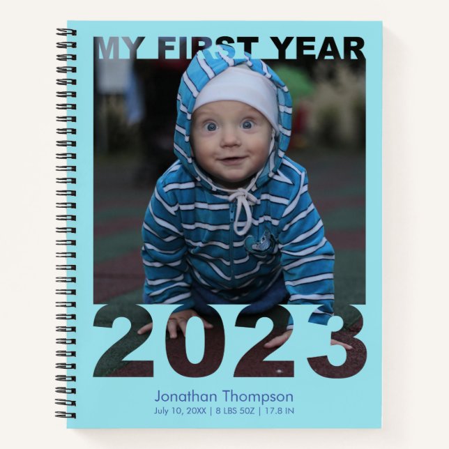 My First Year 2023 Modern Cutout Baby Photo Blue Notebook (Front)
