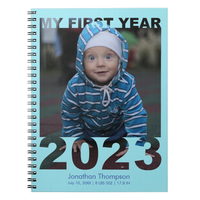 My First Year 2023 Modern Cutout Baby Photo Blue Notebook (Front)