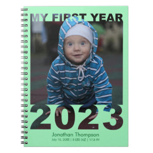 My First Year 2023 Modern Cutout Baby Photo Green Notebook