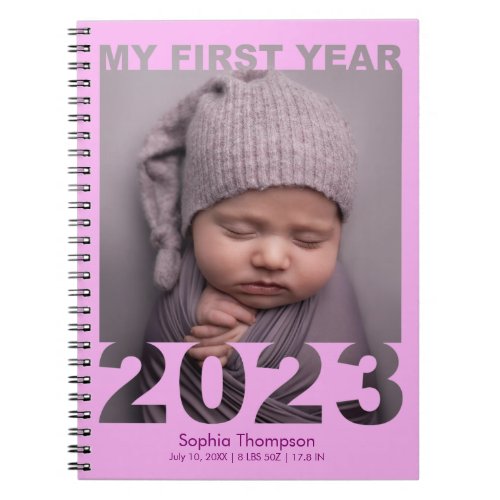 My First Year 2023 Modern Cutout Baby Photo Pink Notebook