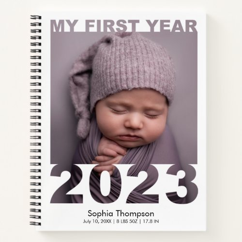 My First Year 2023 Modern Cutout Baby Photo White Notebook