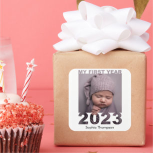 My First Year 2023 Modern Cutout Baby Photo White Square Sticker