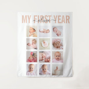 My First Year Baby Girl Name 12 Photo Collage Tapestry