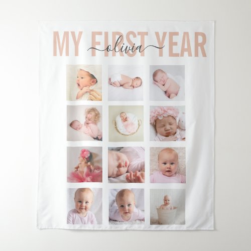 My First Year Baby Girl Name 12 Photo Collage   Tapestry