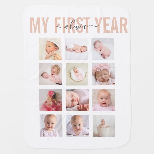My First Year Baby Name 12 Photo Collage   Baby Blanket