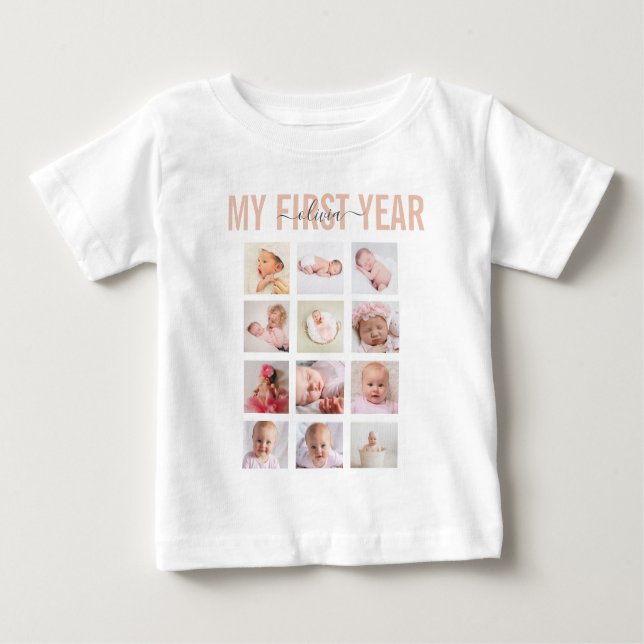 My First Year Baby Name 12 Photo Collage   Baby T-Shirt (Front)