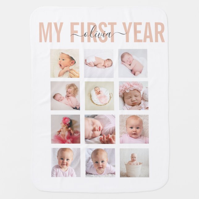 My First Year Baby Name 12 Photo Collage   Blanket (Front)