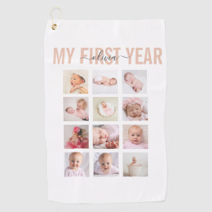 My First Year Baby Name 12 Photo Collage Golf Towel