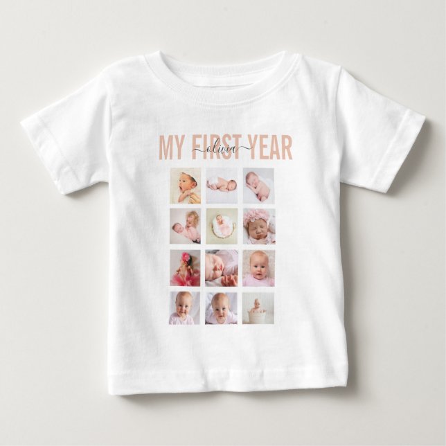 My First Year Baby Name 12 Photo Collage   T-Shirt (Front)