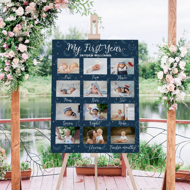 My First Year Blue Baby Boy Customizable 12 Photo Foam Board (My First Year Moon Stars Gender Neutral Baby Photo Foam Board
)