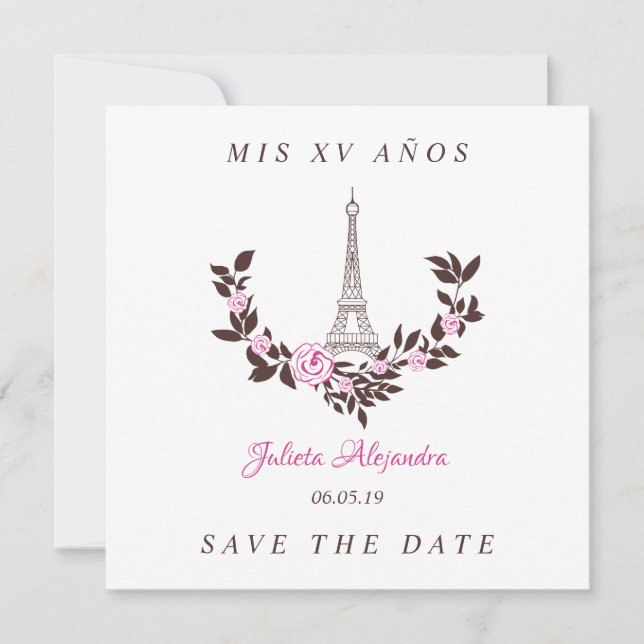 My Floral Paris Rose Spanish Quinceanera Thank You Card (Front)