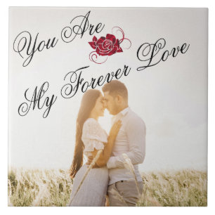 “My Forever Love” Red Rose Elegant Script Photo Ceramic Tile