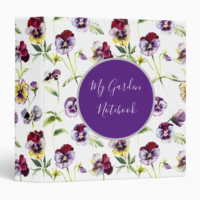 My Garden Notebook Pretty Watercolor Pansies 3 Ring Binder (Front/Spine)
