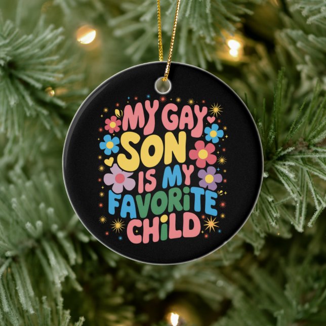 My Gay Son Is My Favorite Child LGBTQ Pride Groovy Ceramic Ornament (Tree)