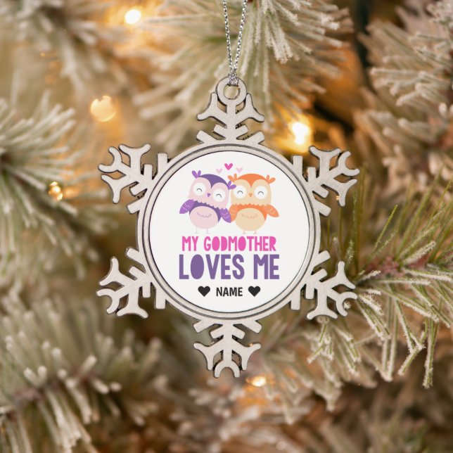 My Godmother Loves Me -Owl Snowflake Pewter Christmas Ornament (Tree)
