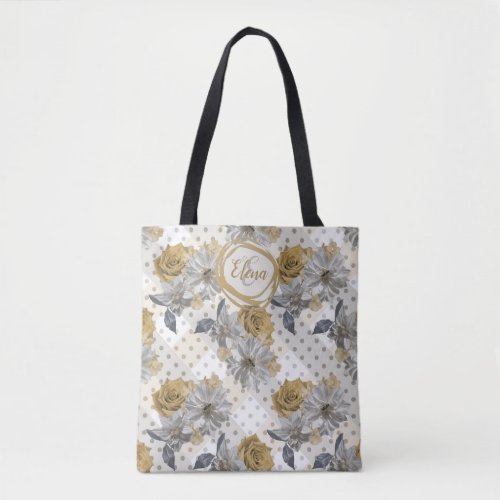 My gold floral with initial and name on tote bag