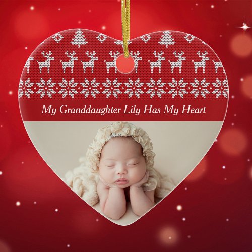 My Granddaughter Has My Heart Red Christmas Photo Ceramic Ornament