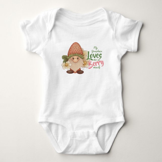 My Grandma Loves Me So Berry Much Strawberry Gnome Baby Bodysuit (Front)