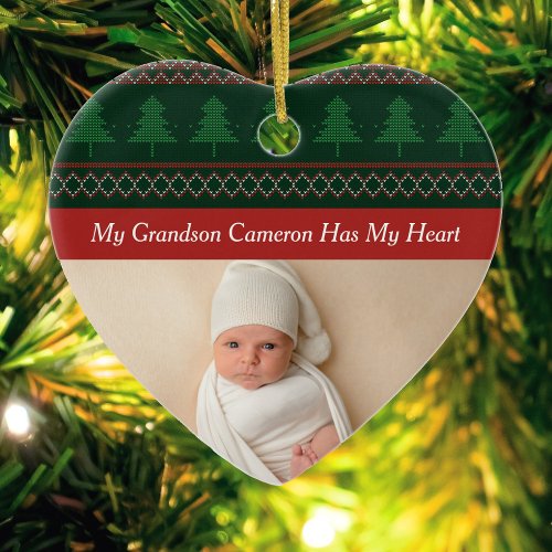 My Grandson Has My Heart Christmas Photo Grandma Ceramic Ornament