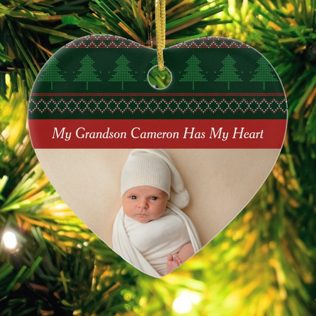 My Grandson Has My Heart Christmas Photo Grandma Ceramic Ornament (Creator Uploaded)