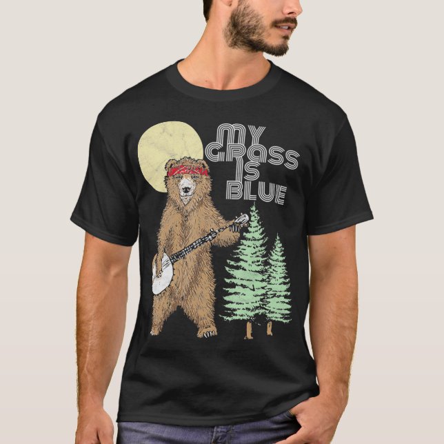 My Grass Is Blue Banjo Bear  Mountains  Funny T-Shirt (Front)