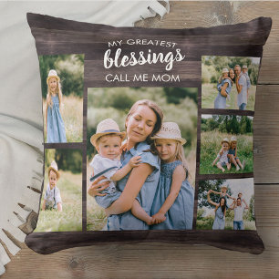 My Greatest Blessings Call me Mom 6 Photo Rustic Throw Pillow