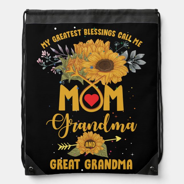 My Greatest Blessings Call Mom Grandma Sunflower Drawstring Bag (Front)