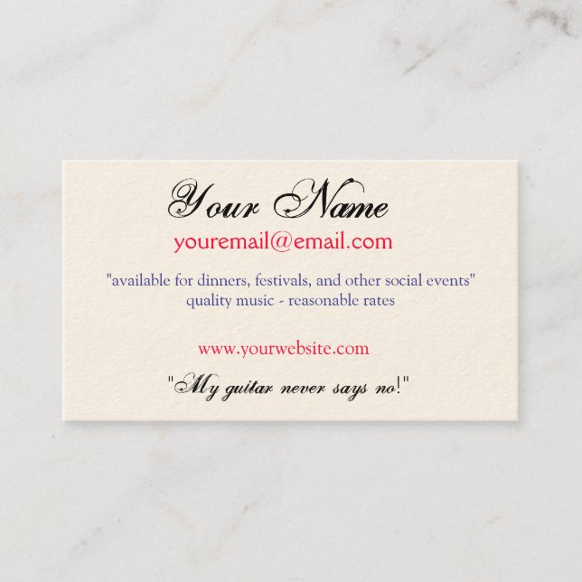 "My guitar never says no!" Business Card (Front)