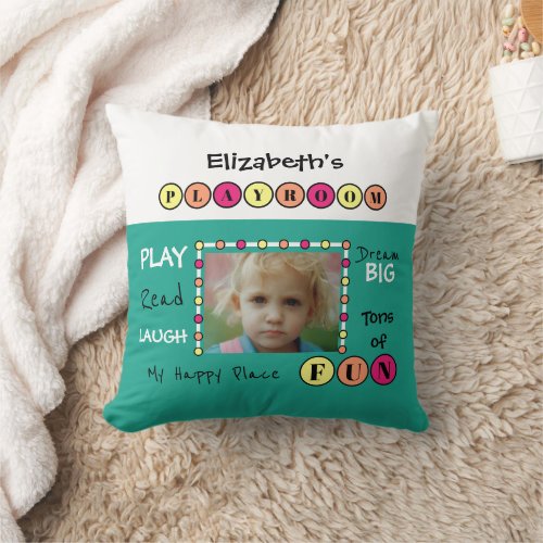 My happy fun place name photo kids playroom green throw pillow