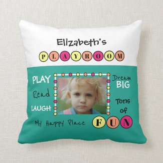 My happy fun place name photo kids playroom green throw pillow