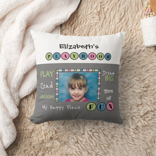 My happy fun place name photo kids playroom grey throw pillow